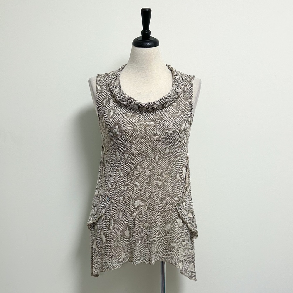 Inizio Cream Brown Crochet Cowl Neck Sleeveless Shark Bite Tunic Large *SMALL*